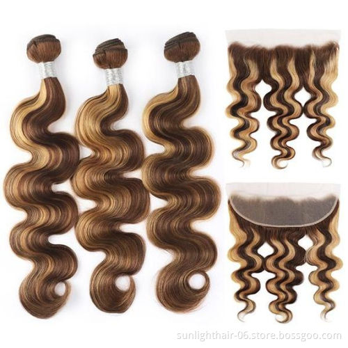 Sunlight 100% virgin hair bundles body wave human hair color 4/27 highlights bundles with 4x4 lace closure frontal